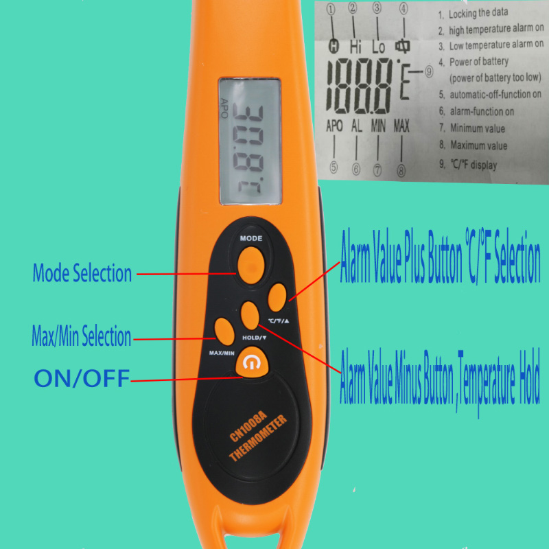 Spettform Hög / Låg temperatur Larm Larm Högpresterande Safty Aseptisk mattermometer med vikta sond